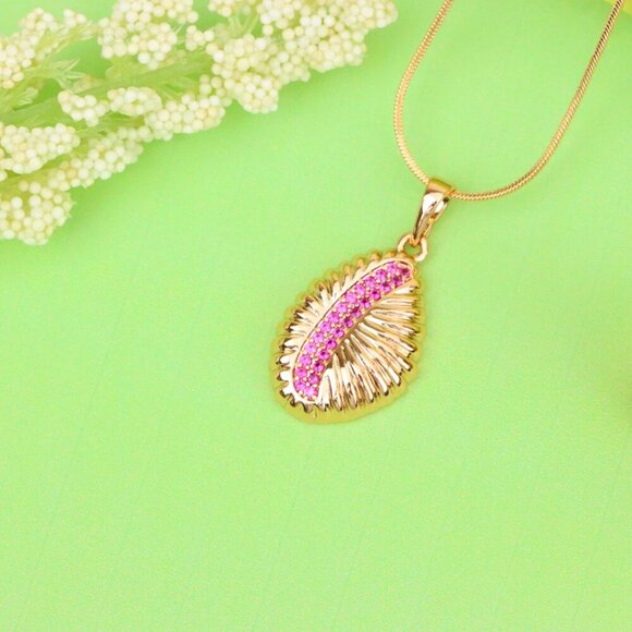 "Rose Gold Textured Pendant with Pink Stone Accent in Leaf Design, XPPT1490 - Picture 3 of 13